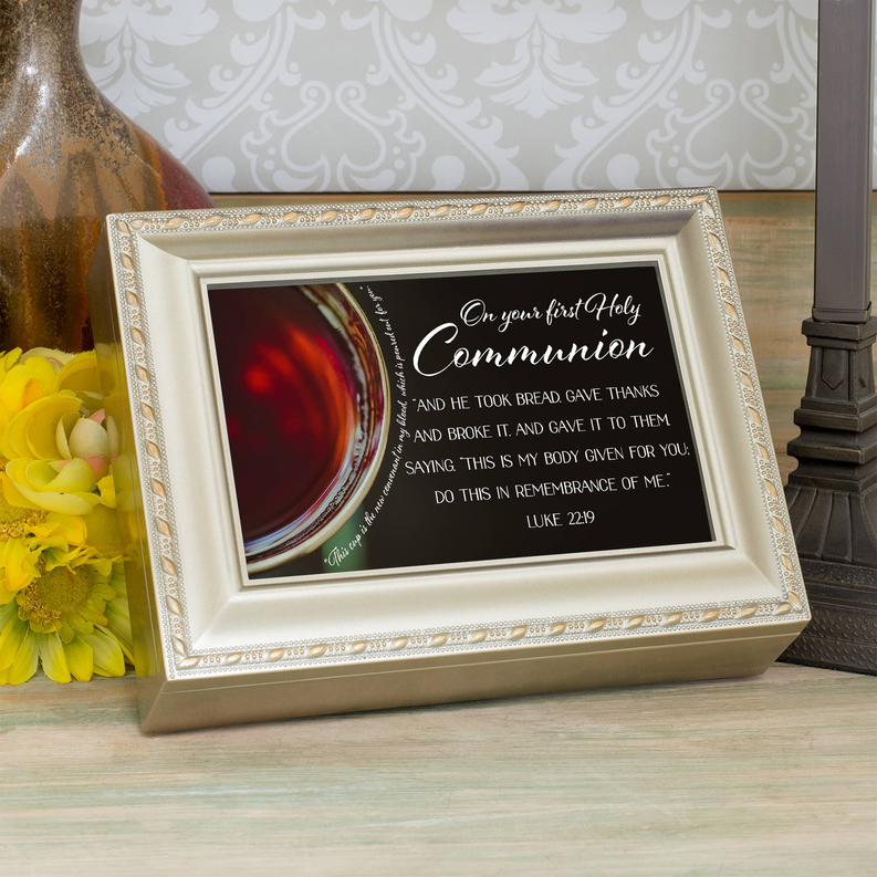 First Holy Communion keepsake frame with gold border and dark inset text