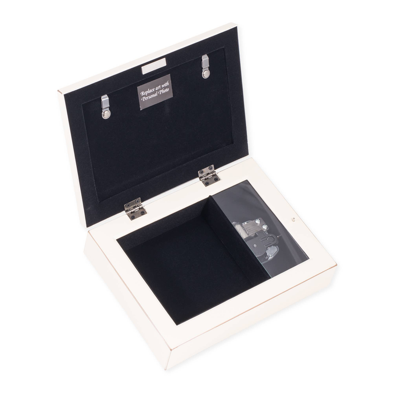 Opened First Communion keepsake box with black velvet insert and hinged lid