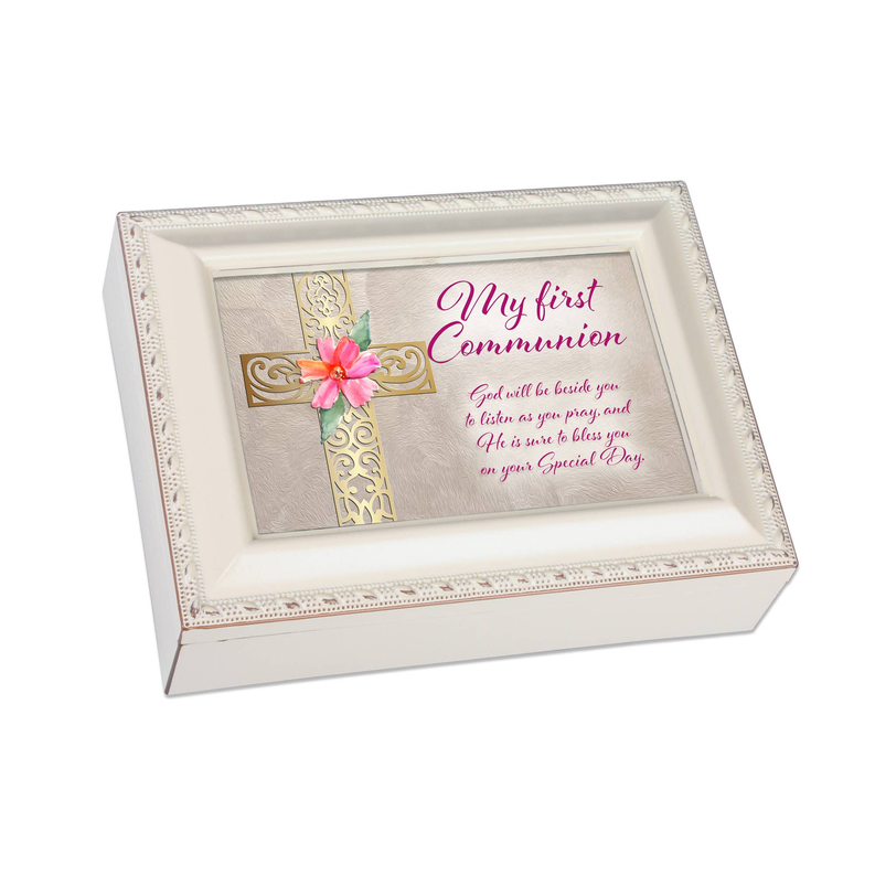 First Communion keepsake frame with gold cross, pink flower, and pink verse