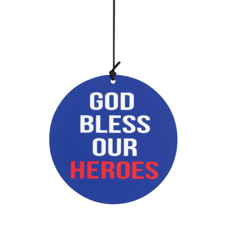 Blue round wind chime medallion with GOD BLESS OUR HEROES text