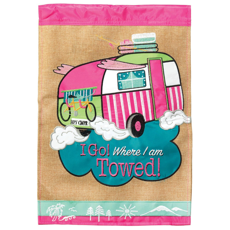 Colorful camper yard flag with towing caravan, clouds, and striped trim