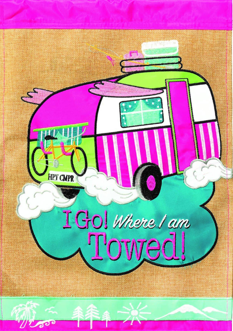 Towing caravan yard flag with pink and teal borders and striped camper detail