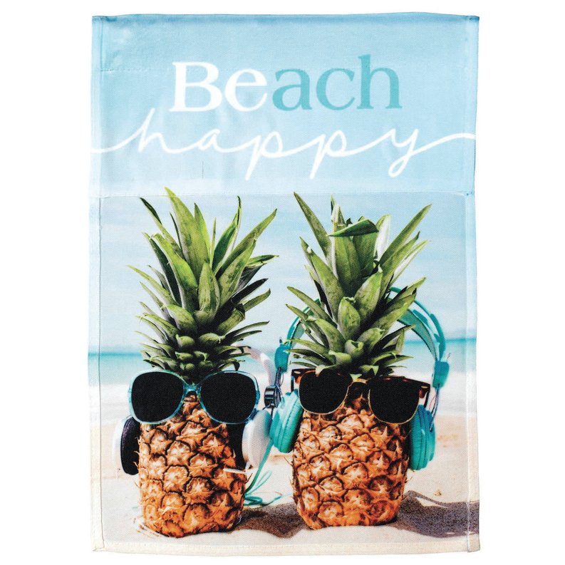 Beach towel with pineapple wearing sunglasses and headphones, beach happy text