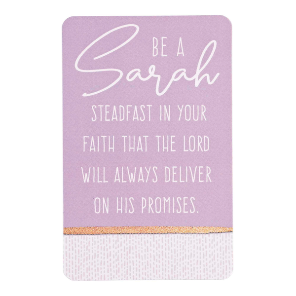 Purple pocket card with “Be A Sarah” text and faith quote in cursive