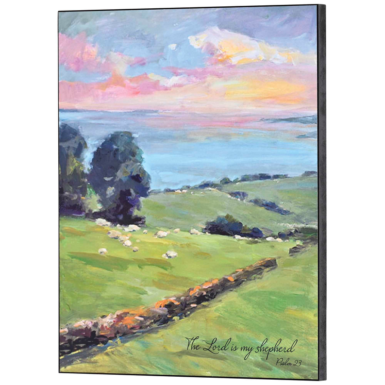 Framed wall plaque with pastoral landscape and “The Lord is my shepherd” text