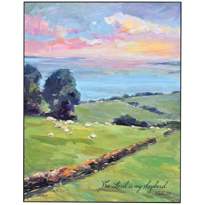 Framed wall plaque landscape with “The Lord is my shepherd” scripture