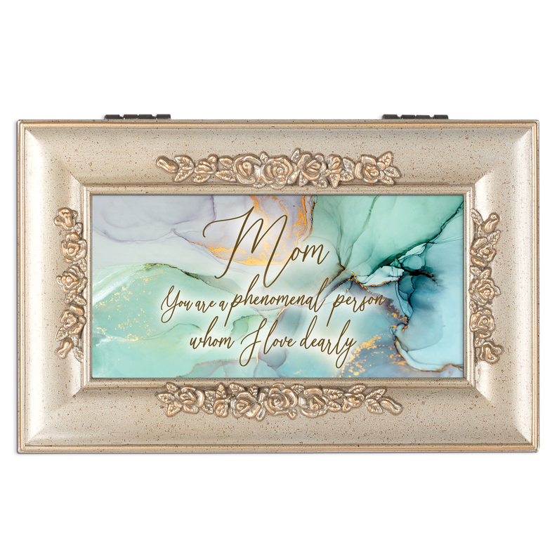 Decorative music box with framed "Mom" quote and floral script in teal and aqua