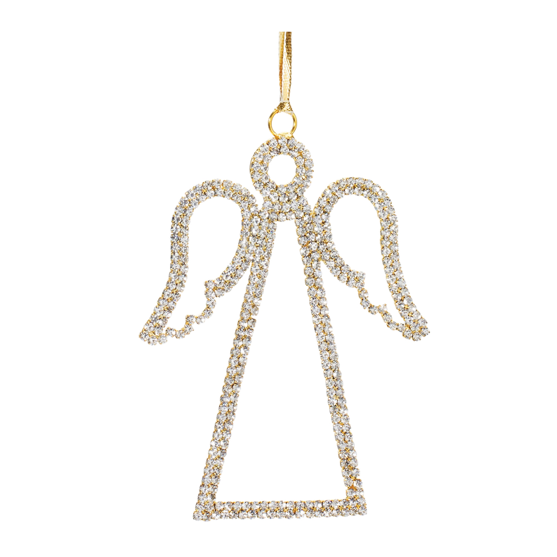 Gold-tone rhinestone angel outline ornament with halo ring and top loop