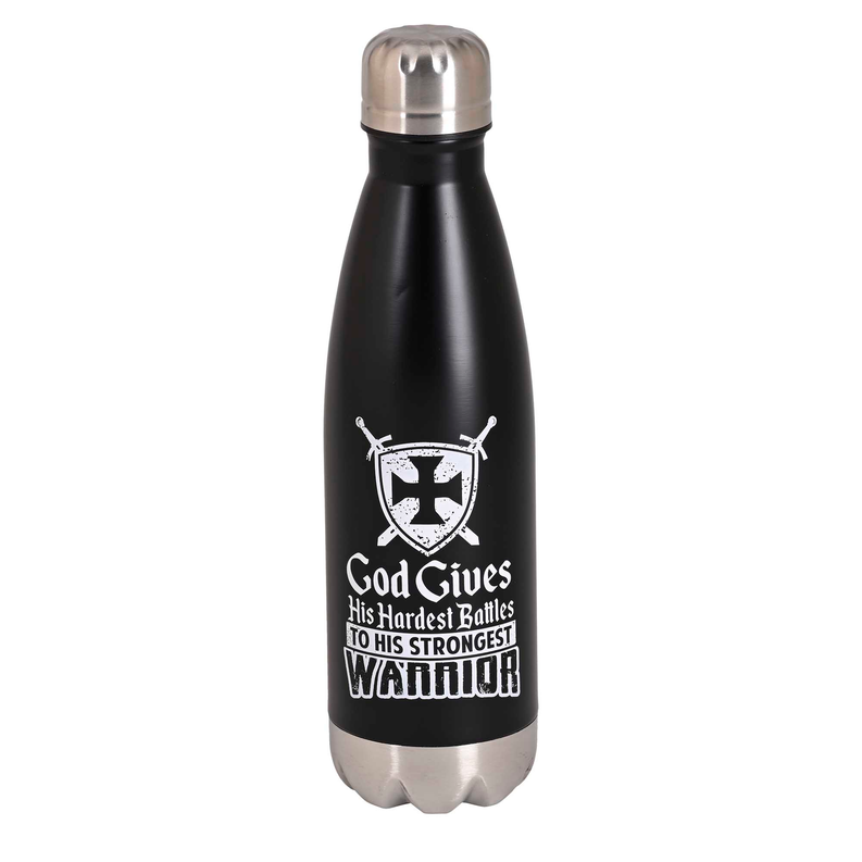 17 oz black water bottle with stainless lid and Warrior graphic