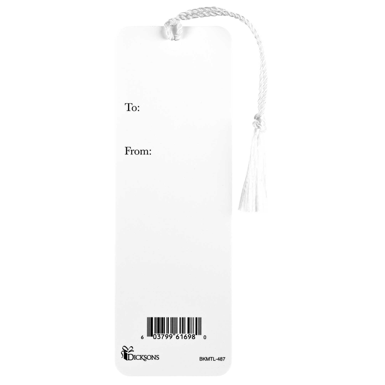 Tassel bookmark tag with white cord, blank To/From fields, barcode and label
