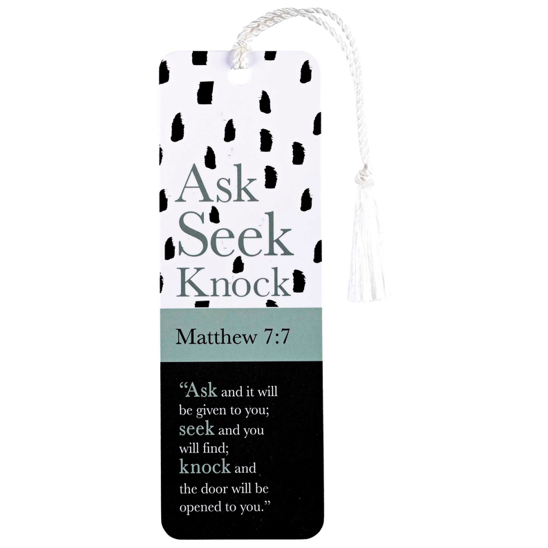 Tassel bookmark with black spot pattern, “Ask Seek Knock” and Matthew 7:7 text