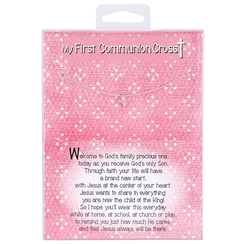 First Communion cross necklace on pink sparkling display card, silver-tone chain