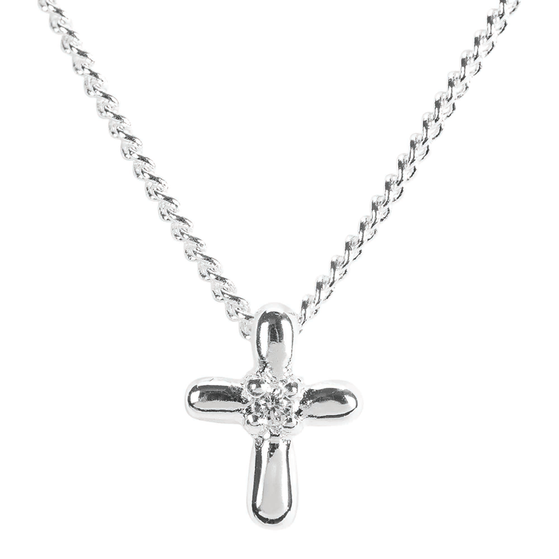 Silver-tone 16 in chain with petal cross pendant and clear CZ stones