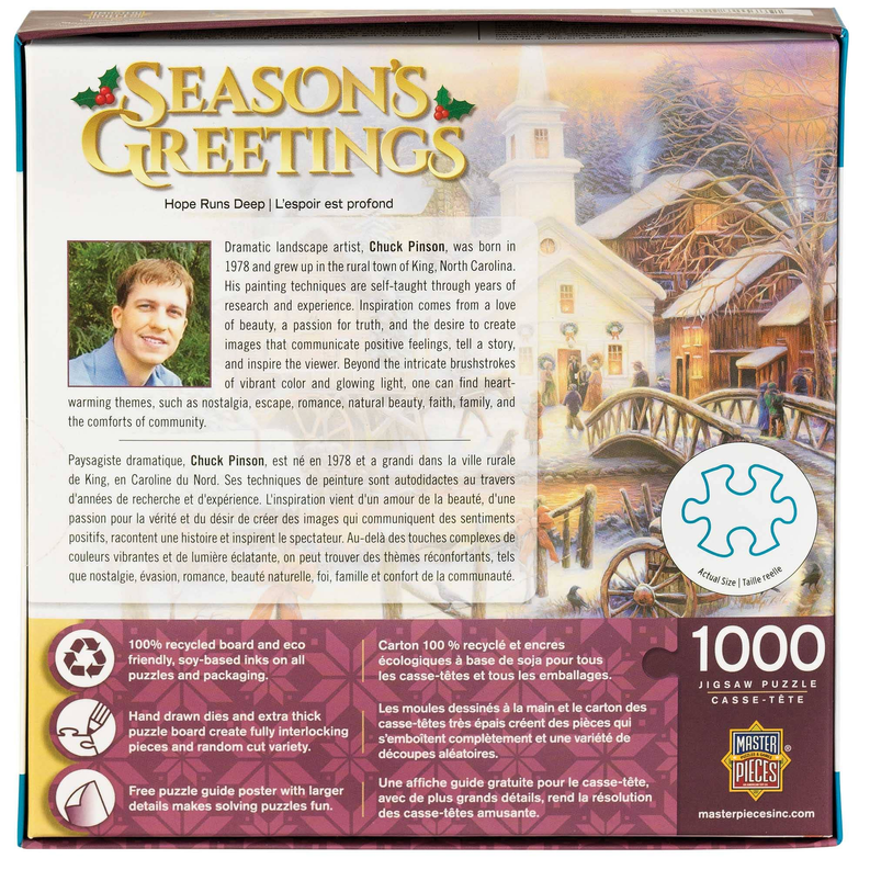 Winter village 1000-piece jigsaw puzzle box, Seasons Greetings artwork