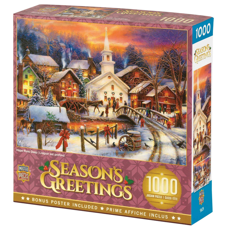 Season's Greetings 1000-piece puzzle box with snowy village scene and bonus poster