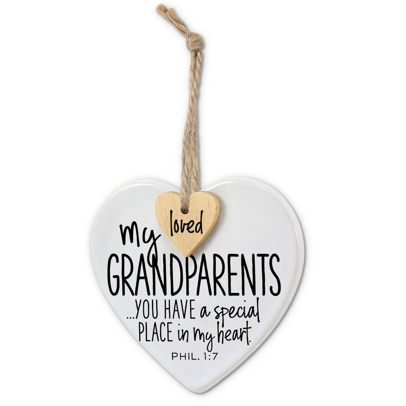 Heart-shaped grandparents ornament tag with twine and printed quote text