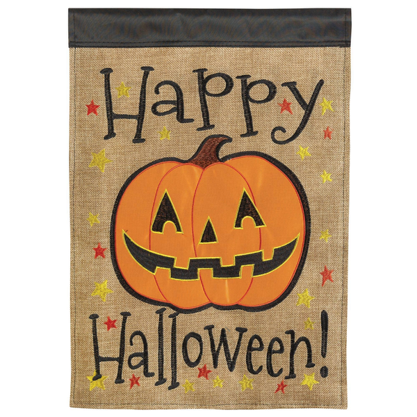 Burlap Halloween flag with jack-o-lantern face and 'Happy Halloween' lettering