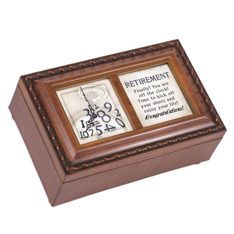 Wooden retirement keepsake box with engraved message and clock design