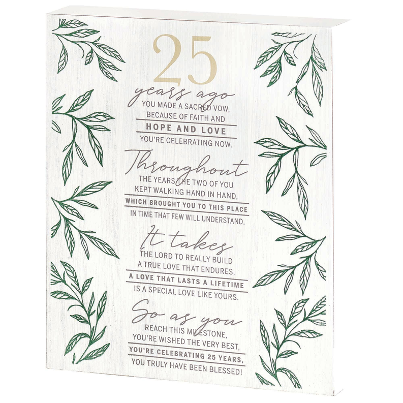 White MDF plaque with gold '25 years ago' text and green leaf border.