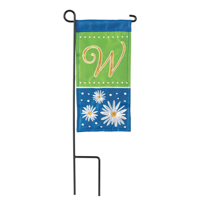 Mini garden flag with blue and green panels, gold W monogram and white daisies