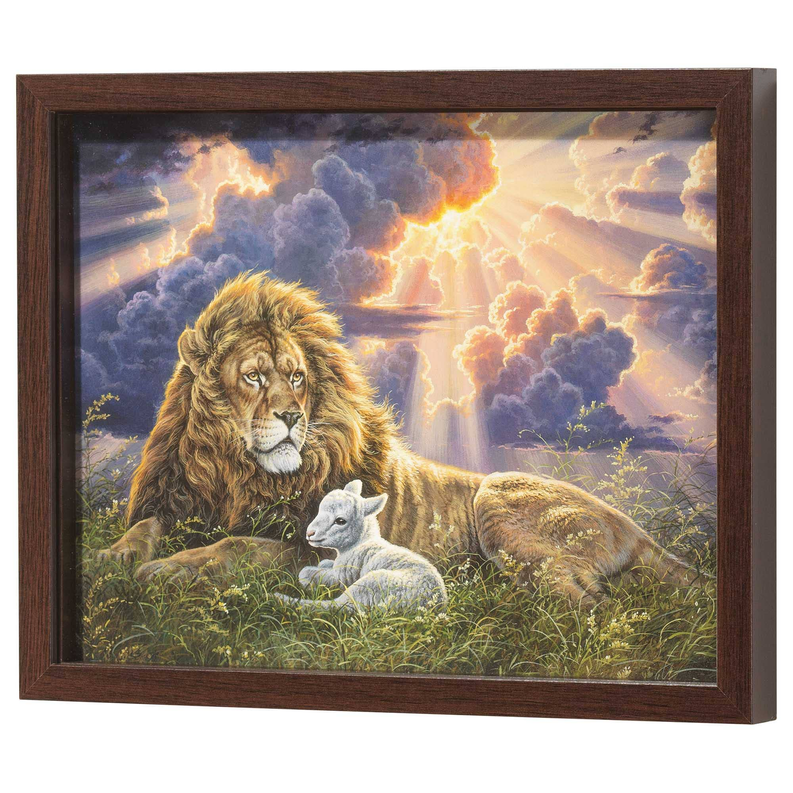 Walnut framed wall art featuring lion and lamb in a glowing sky