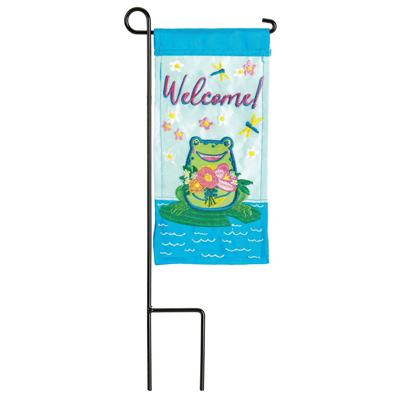 Mini garden flag with pole stake, blue Welcome frog design