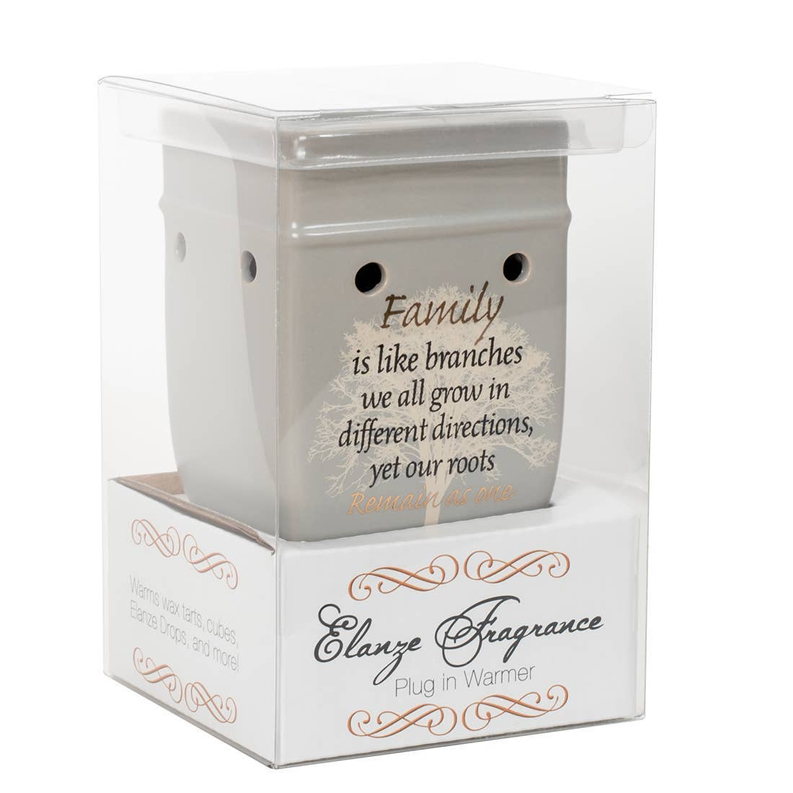 Plug-in fragrance warmer in clear box, gray scripture design, decorative cutout holes