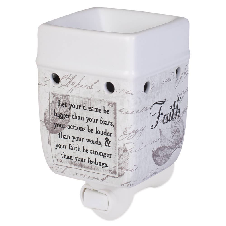 White plug-in fragrance warmer with scripture quote print and three round ventilation holes