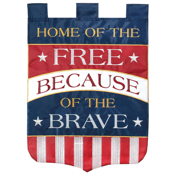Home Of The Free house flag with blue, red, and white text design and star accents
