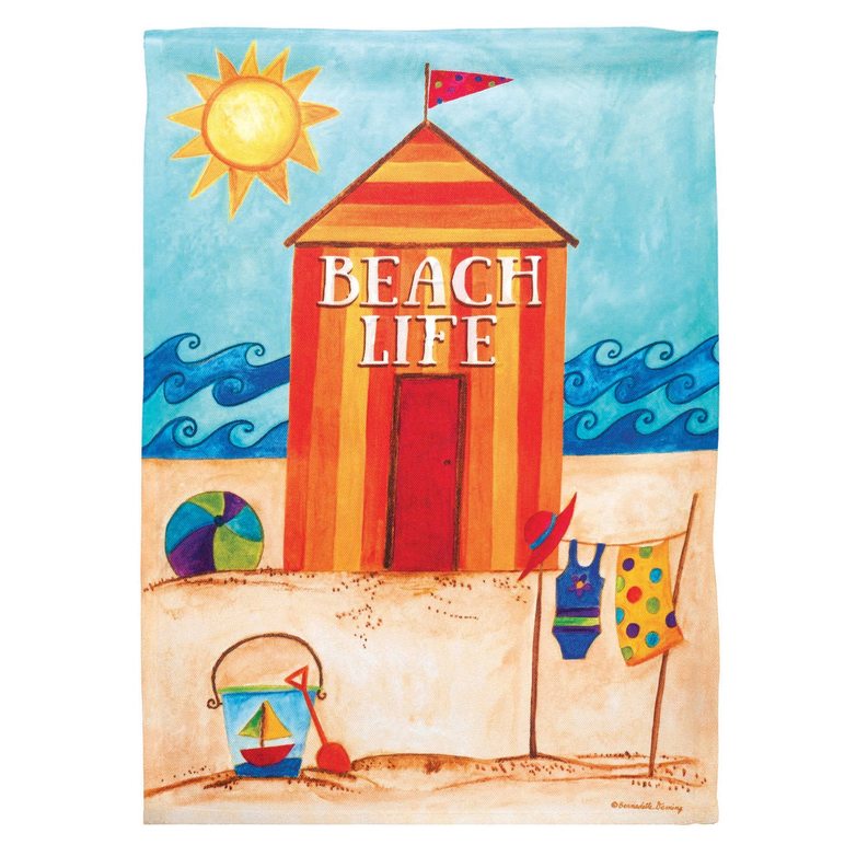 Beach Life polyester beach flag close-up with hut, sun, waves, and hanging clothes