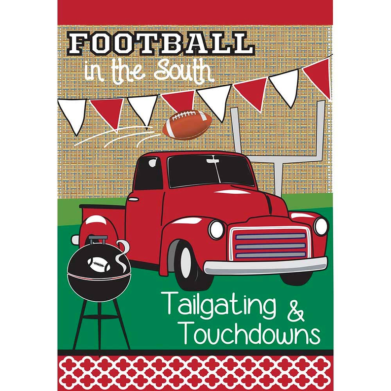 Red burlap tailgate decor with football, truck graphic, and bunting flags