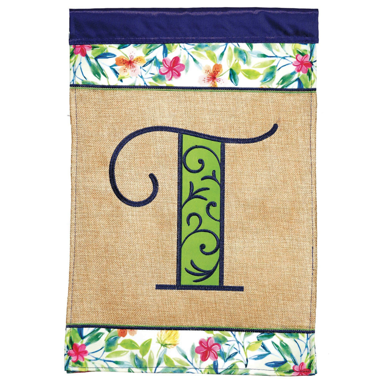 Burlap garden flag with T monogram and floral top and bottom trim