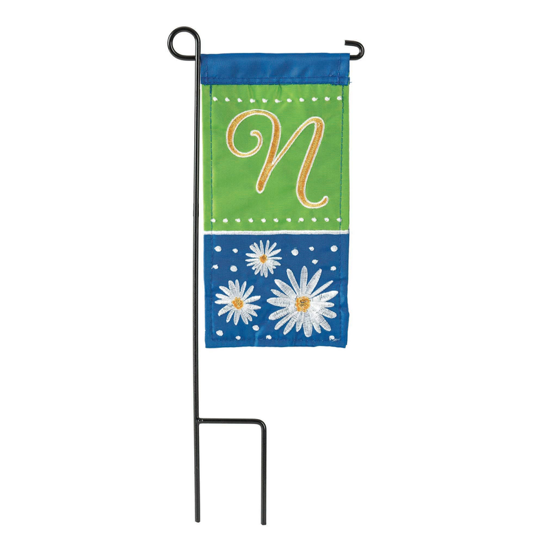 Mini monogram N flag on black stand, blue and green with daisy appliques