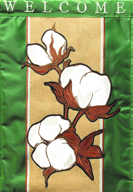 Welcome cotton burlap flag, white flowers on burlap panel with green trim