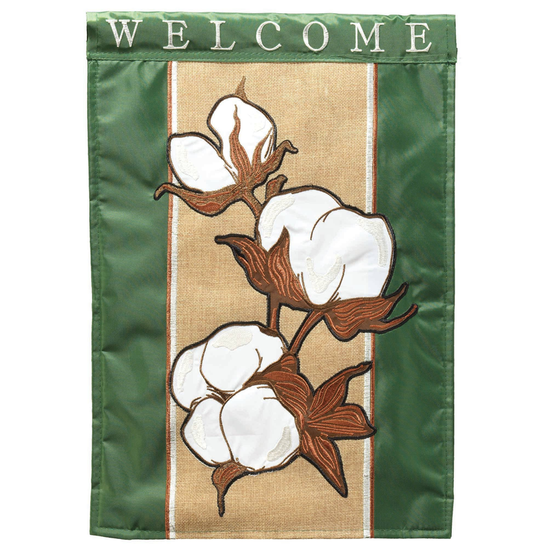 Welcome cotton burlap flag with WELCOME lettering and white flower bouquet