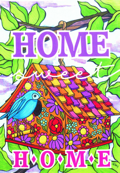 Birdhouse decorative flag close-up with blue bird, multicolor roof, and 'HOME' lettering