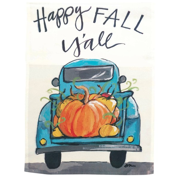 Truck print flag with 'Happy Fall Y'all' text and blue pickup with pumpkins