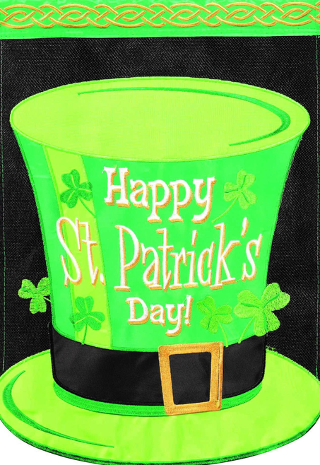 Green St. Patrick's Day top hat with black band, gold buckle, 'Happy St. Patrick's Day' front