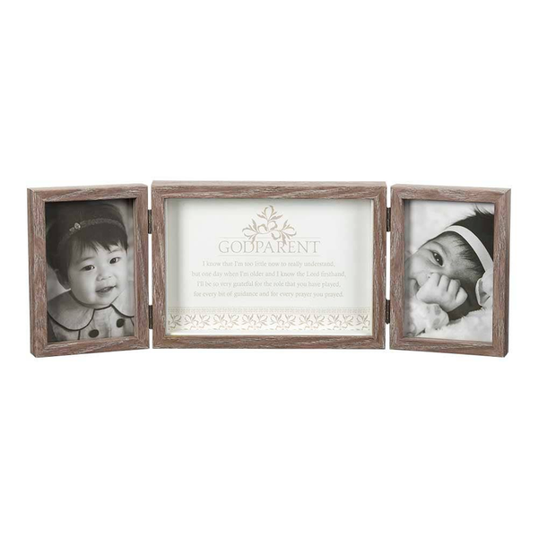Three-panel godparent photo frame set with floral center card and two portraits