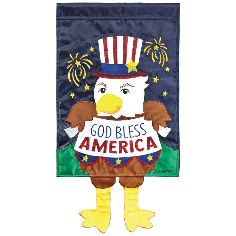 Crazy leg decorative flag with patriotic scarecrow, “God Bless America” text