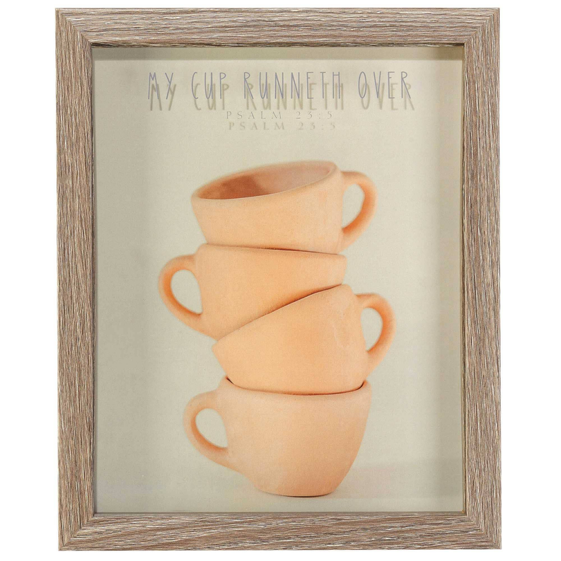 Framed wall art of stacked peach cups with 'My cup runneth over' and 'Psalm 23:5'