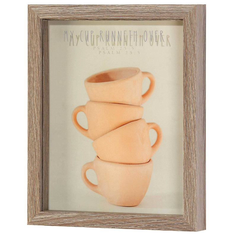 Framed wall art close-up of stacked peach cups with 'Psalm 23:5' verse