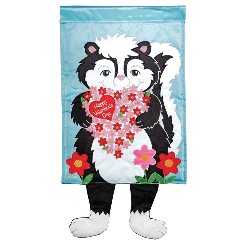 Skunk crazy-leg flag with floral heart, two cartoon skunks, 'Happy Valentine's Day'