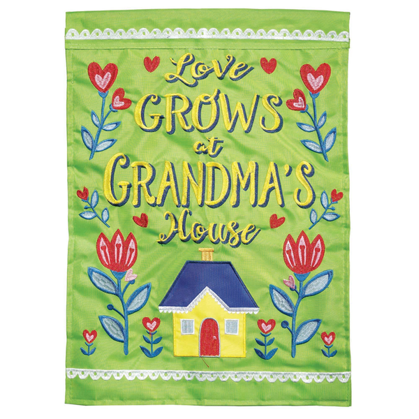 Green garden flag with applique house, flowers, and red hearts text