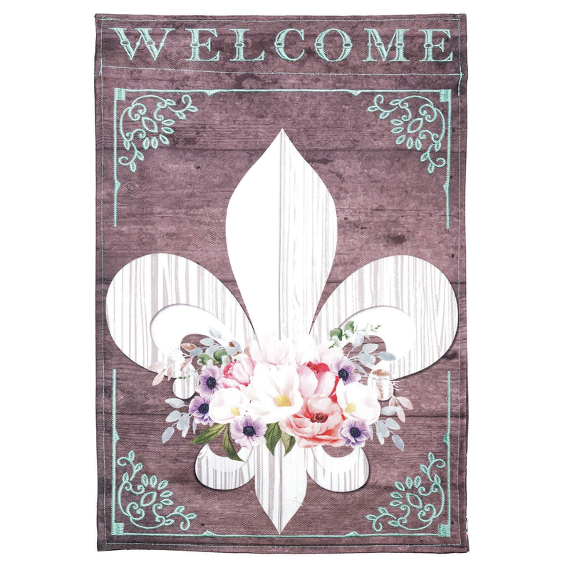 Garden flag: 'Welcome' lettering with white fleur-de-lis and floral applique, teal border