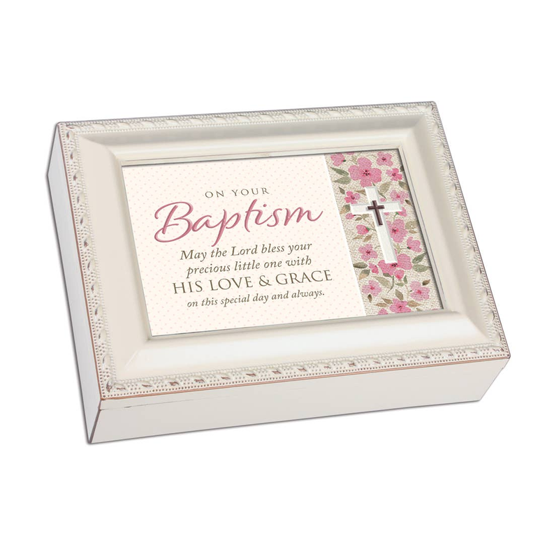 Silver baptism music box with floral cross photo card