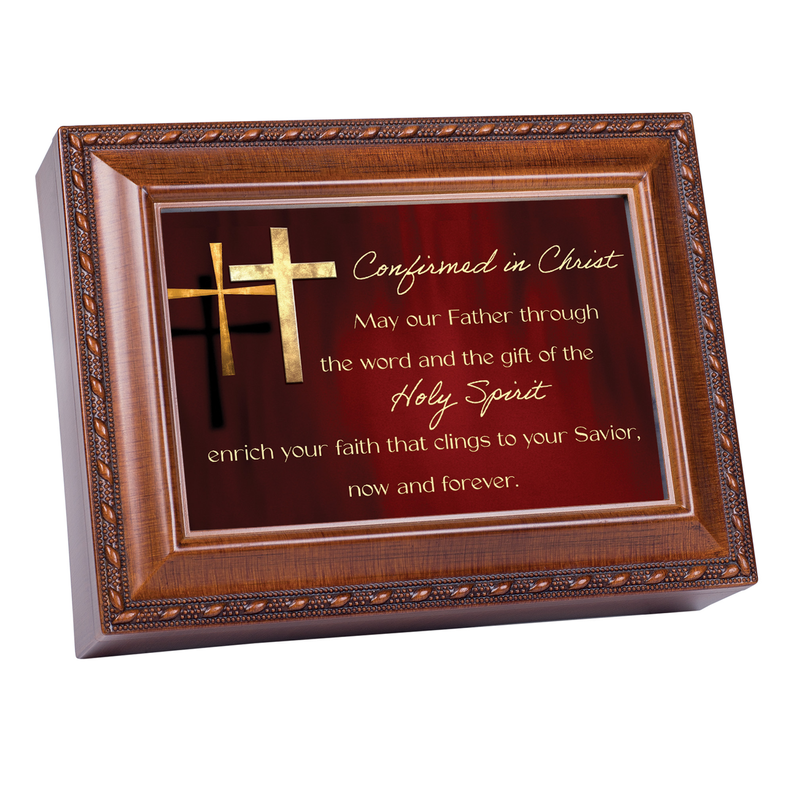 Wooden framed music box with gold cross and Christian message on dark panel