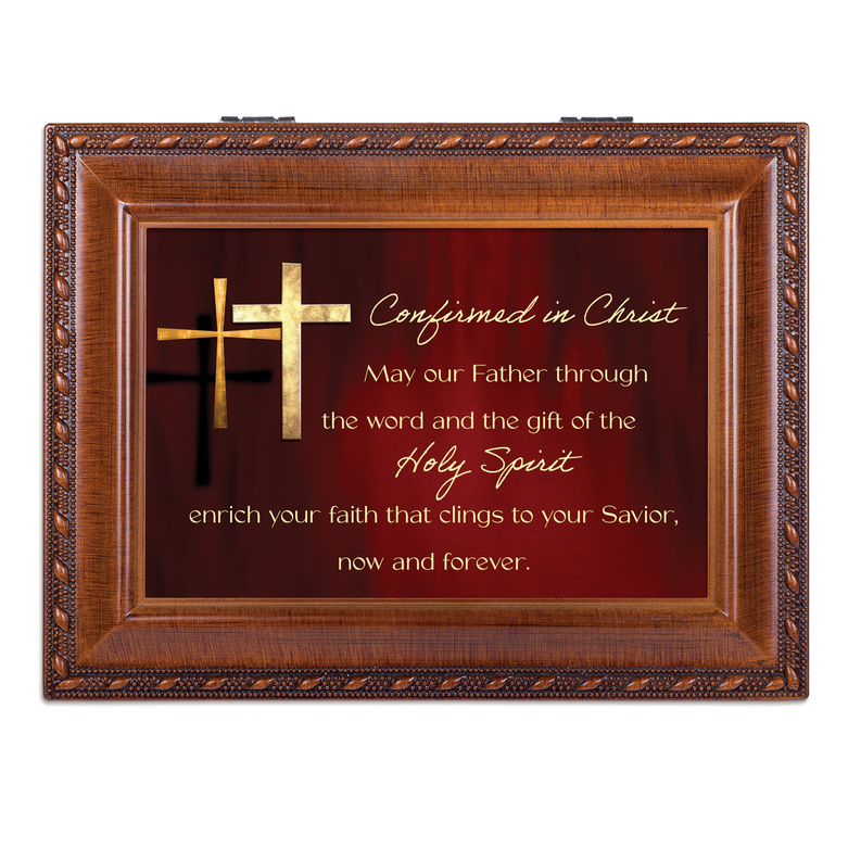 Wooden framed music box front view with gold cross and scriptural quote on dark panel