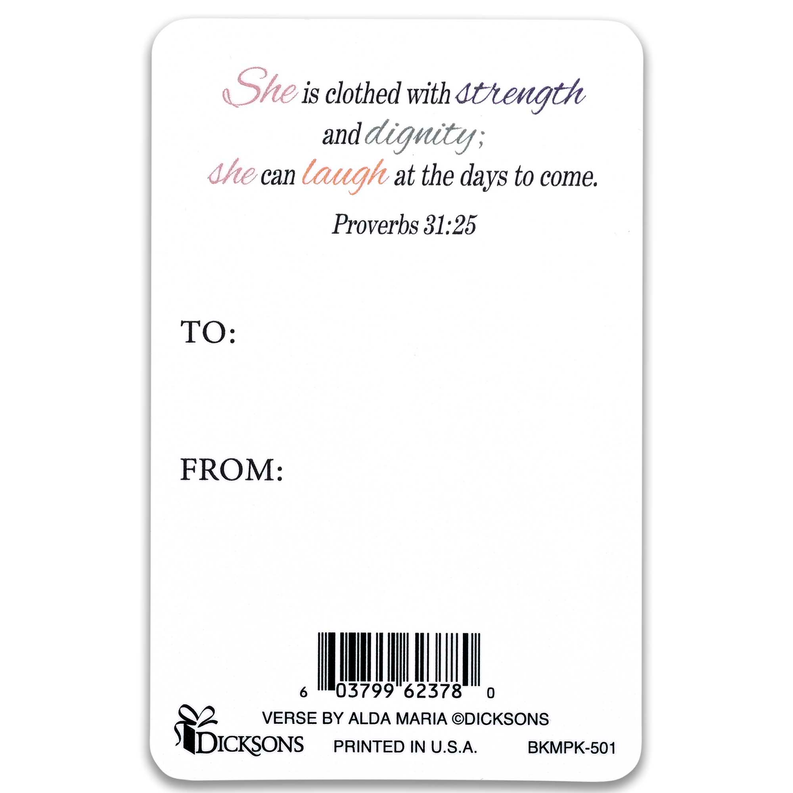 Pocketcard back with TO/FROM fields, Proverbs 31:25, barcode, and verse text