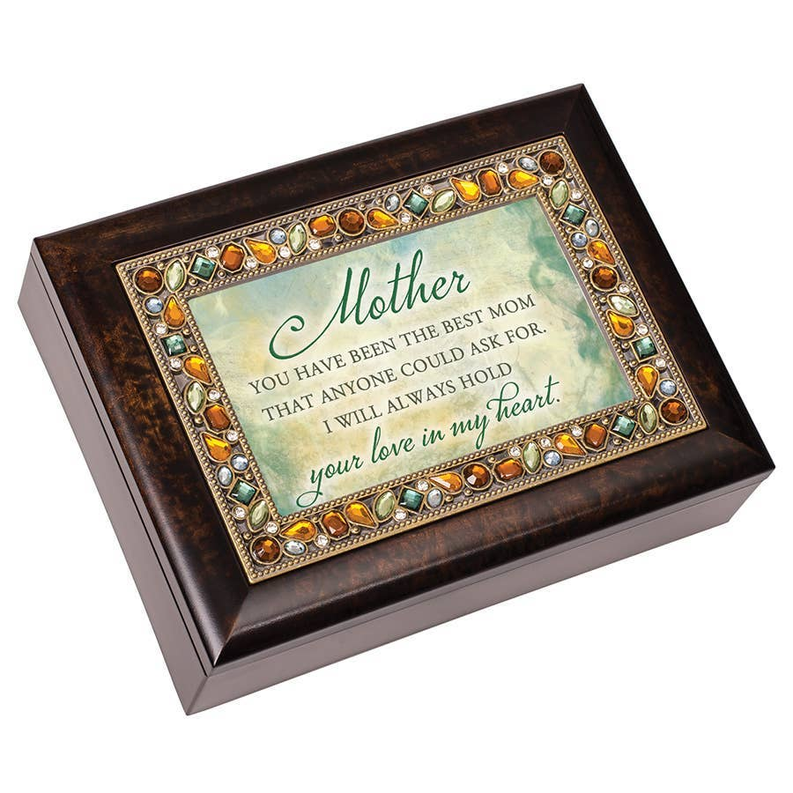 Jeweled music box top with decorative message plaque and multicolor gems